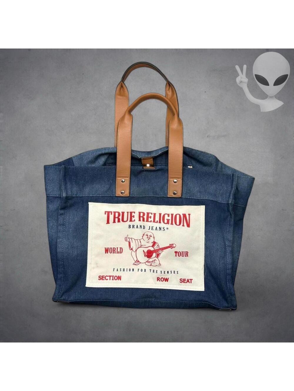 True Religion Washed Navy Denim Large Tote Bag World Tour Buddha Canvas Patch